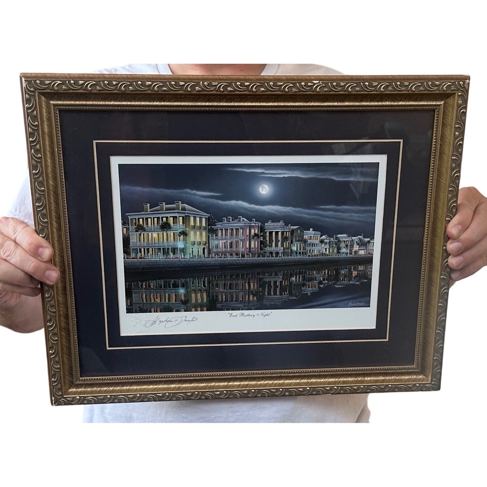 Stephen O Gunter East Battery Night Charleston Signed Framed Art Print 19x15